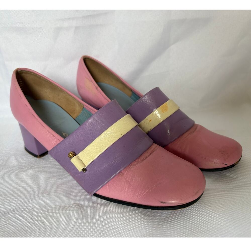 Vintage 60s 70s Pink Lavender Colorblock Mod Block Heel Shoes